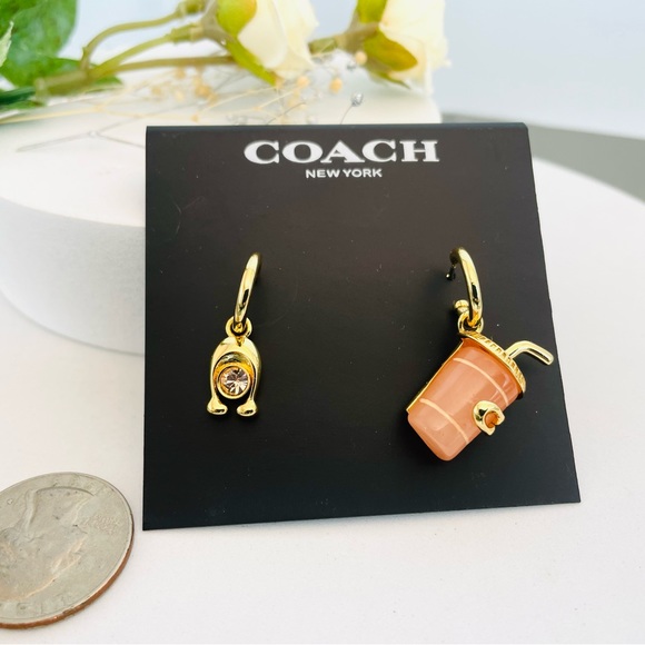 Coach Gold Tone Signature Cup Mismatch Hoop Drop Dangle Charm Earrings - Picture 4 of 4